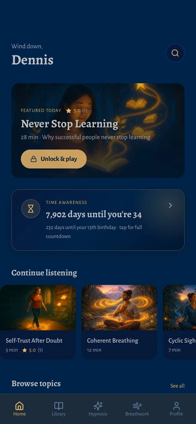 SuccessRelax app home screen with featured meditations and topic browsing
